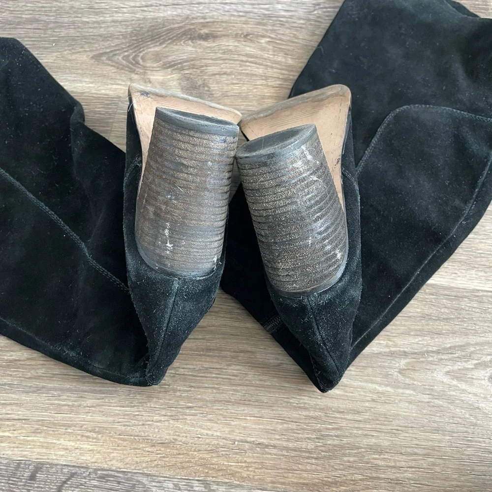 Kelsi Dagger heavy Black Suede Knee High Boots 7.5WC Wide Calf Block Heel